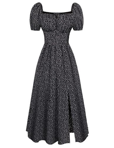 Scarlet Darkness Women's Floral Corset Dress with Split 2026 Summer Spring Square Neck Midi Milkmaid Dresses Black Purple Floral L - Image 1