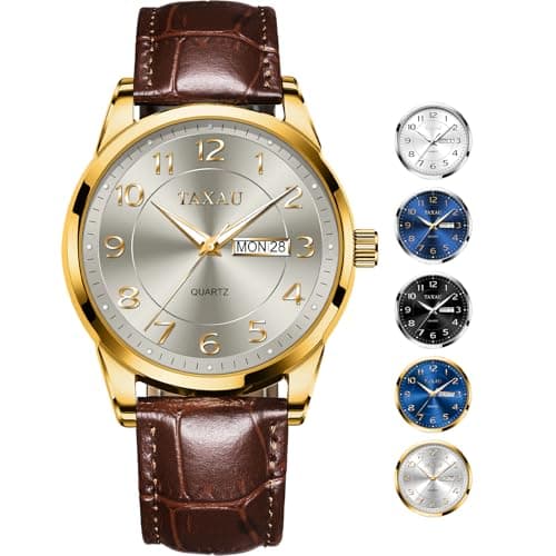 Taxau Men's Wrist Watches Waterproof Watches for Men Leather Watch Dress Analog Quartz Luxury Classic Watch Gold-Grey Dial Brown Strap Large Number Dual Calendar Water Resistant relojes para Hombres - Image 1