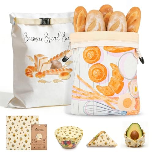 Beeswax Bread Bags for Sourdough and Homemade Bread - 2 Pack XL Cotton Storage Bags with Zipper & Buckle Double Seal - Includes 13x13.9" Beeswax Wrap for Bowl Cover - Reusable Produce Veggie Bag - Image 1