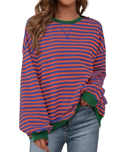 BTFBM Sweatshirt For Women 2026 Summer Crewneck Long Sleeve Oversized Striped Pullover Tops Y2K Clothes Workout Shirt(Royal Blue Orange, X-Small) - Image 1