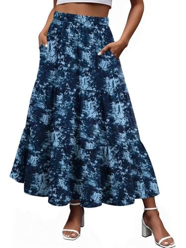 Magritta Womens Maxi Skirt Elastic High Waist Tiered A-Line Flowy Pleated Boho Indigo Tie-Dye Print Medium - Image 1