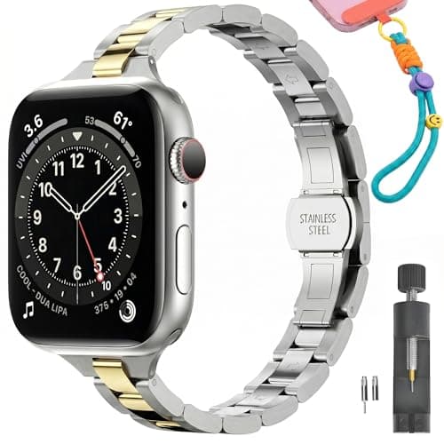 PUGO TOP Luxury Slim Stainless Steel Band Compatible with Apple Watch Series 11 10 9-1 (46/45/44/42/41/40/38mm) & Ultra 3/2/1(49mm), Elegant Jewelry Bracelet for Women, Dressy Business Metal Strap with Butterfly Clasp, Gift Set with Phone Lanyard - Image 1