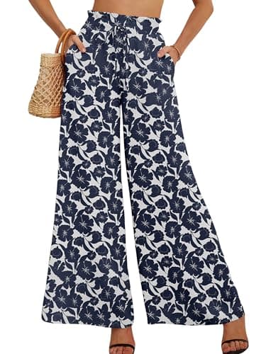 AusLook Women's Wide Leg Dress Pants with Pockets Peony Silhouett Small Lightweight Elastic High Waisted Adjustable Tie Knot Flowy Loose Slacks Lounge Casual Ladies Beach Pleated Trousers - Image 1