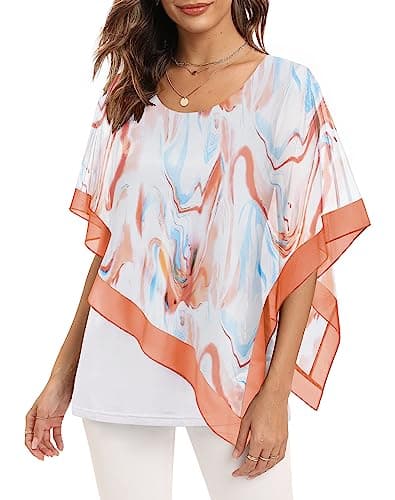 SeSe Code Plus Size Evening Tops to Hide Belly for Women Boat Neck Blouses Elegant Casual Dressy Tops for Evening Wear Flowy Shirts Trendy Summer Clothes 2025 Orange Ripple 2XL - Image 1