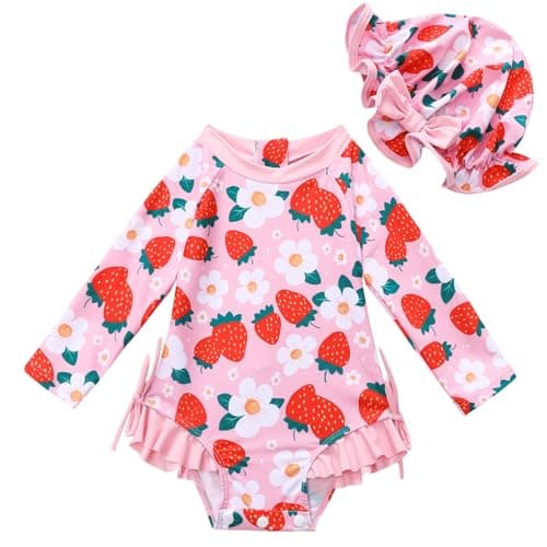 AMAWMW Infant Baby Girl Swimsuit Long Sleeve One-Piece Swimwear with Hat Rash Guard Floral Zipper Bathing Suit Beach Wear - Image 1