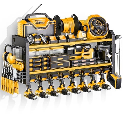 Nacial Power Tool Organizer Wall Mount, 8 Drill Holder Wall Mount with 3 Layer Cordless Tool Organizer, Heavy Duty Tools Organizer with 12 Hooks, Power Tool Storage for Garage Organization, Yellow