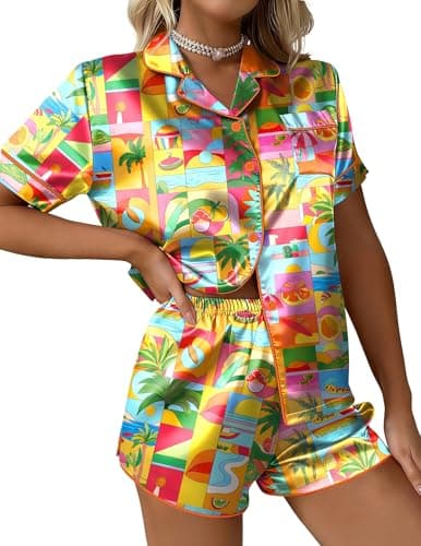 Ekouaer Silk Satin Pajama Set for Women Funny Graphic Sleepwear Button Down Short Sleeve Top and Shorts Pjs Sets Tropical Print Large - Image 1