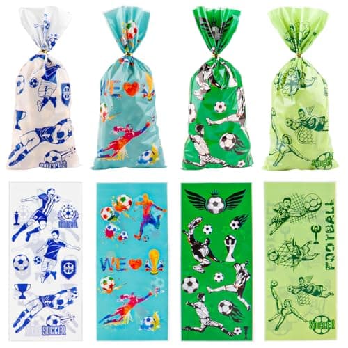 LERCTH 50 PCS Soccer Gift Bags with Twist Ties - 4.9x10.7 Inch Treat Bags, Football Player & Ball Design Party Favor Bags for Soccer Theme World Cup Party, Game Day, Birthday & Sports Events