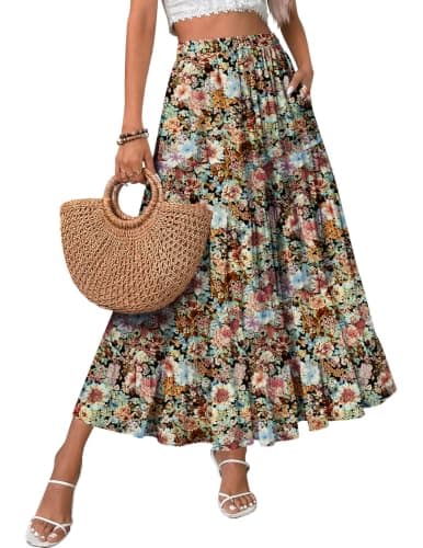 Zeagoo Maxi Skir Trendy Summer Elastic High Waisted Maxi Skirt Flowy Aline Flared Boho Skirts Coffee Floral M - Image 1