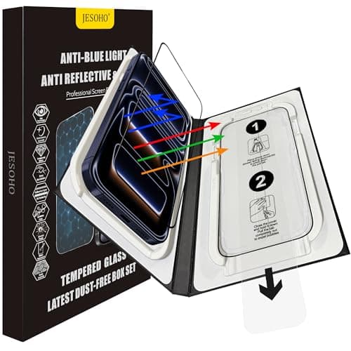 JESOHO Blue Light Screen Protector for iPhone 17 Pro Max(6.9 inch) Anti Reflective 9H Hardness Shatterproof HD Tempered Glass Easy Install Stain-resistant Touch Sensitive Scratch Resistant, 2 Pack