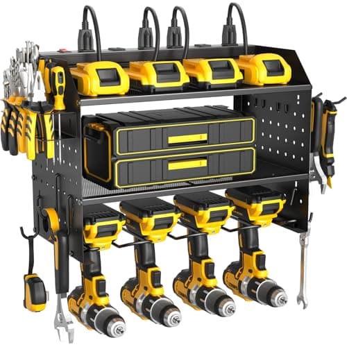 ZESEN Power Tool Organizer Wall Mount, 3 Layer Charging Station with 6 Outlets, 4 Drill Holders and Drill Bit Rack, Tool Holder Storage Shelf Rack for Garage, Workbench and Workshop, Black - Image 1