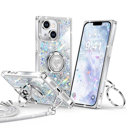 XYZ for iPhone 14 Case, Glitter Bling Phone Cover with 2-Ring Heart Stand & Lanyard, Women Girls Luxury Rhinestone Shockproof Protective Case for iPhone 14, Silver - Image 1