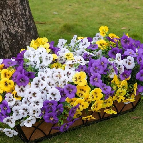 SupBri Artificial Silk Pansy Flowers with Decorative Butterflies, UV Resistant Waterproof No Fade Fake Flowers for Outdoor Pots Garden Patio Decor (White Purple Yellow, 12 Bundles) - Image 1