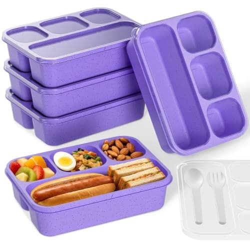 CYMGJHNSDE Bento Box 5-Pack, 4-Compartment Lunch Box for Women, Men & Kids, BPA-Free Wheat Straw Snack Containers, Ideal for Meal Prep, Travel, School, Work (Purple) - Image 1
