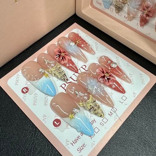 10 pcs Handmade Press on Nails, Hawaiian Beach Dolphin Starfish 3D Flowe Fake Nails,The effect is just like a salon manicure French Reusable Full Cover, Salon Grade Manicure stiletto Size M - Image 1
