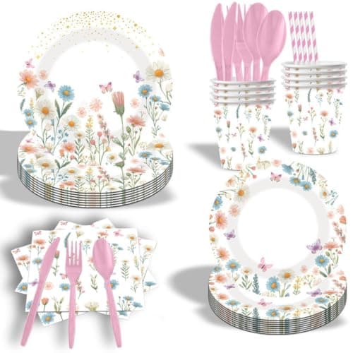 270PCS Wildflower Party Supplies Serve 30, Glazeal Paper Plates and Napkins Set with Plastic Disposable Tableware for Baby Shower, Bridal Shower, Wedding, Birthday, Tea Party Decorations - Image 1