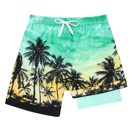 Cozople Boys Swim Shorts Palm Tree Swim Trunks Hawaiian Compression Boardshorts Anti Chafe Quick Dry Swimwear Stretchy Beachwear with Boxer Brief Line Size 10-12 - Image 1