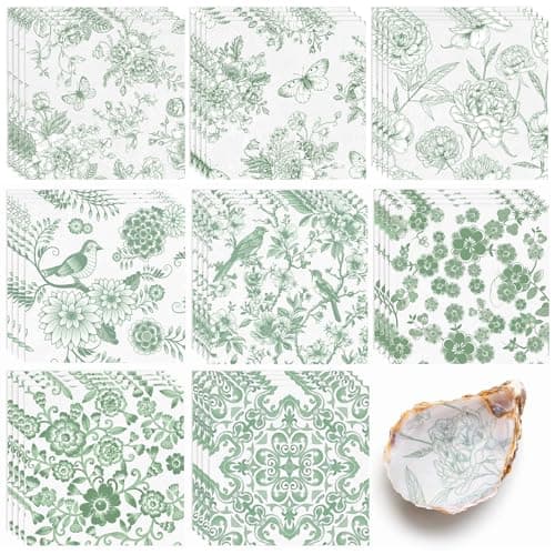 32 Pcs 8 Styles Decoupage Napkins, Sage Green Floral Paper Napkins Chinoiserie Decorative Cocktail Napkin Pretty Printed Cocktail Paper for DIY Crafting Furniture Decor Birthday Party Baby Shower - Image 1