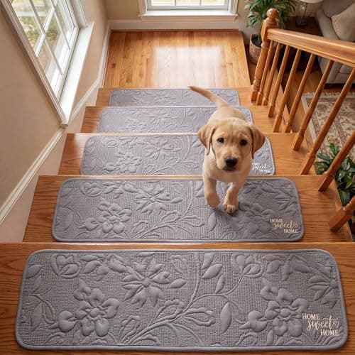 Stair Rugs Runners Covers, Rugs Runners for Elderly and Dogs, 8" X 30" (7Pack) Stickiness Soft Stair Rugs with Reusable Non-Slip Silicone Particles Backing, Machine Washable, Elegant Quilting-Gray
