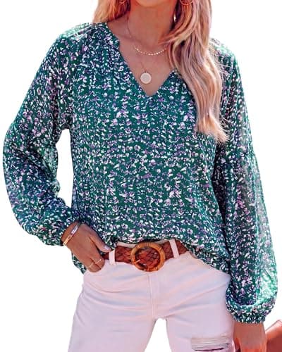 BTFBM Blouses for Women Dressy Casual Floral Summer Boho Tops V Neck Lightweight Long Sleeve Shirts Spring Clothes 2026(Print Purple Green, Large) - Image 1