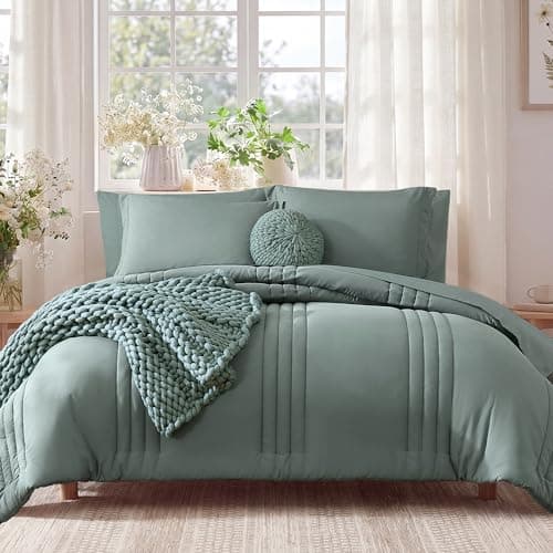 Monbix Super King Size Comforter Set - 7 Pieces Sage Green Bed in a Bag Super King Bedding Sets with Comforters, All Seasons Comforter Bed Set with Sheets,Pillowcases & Shams - Image 1