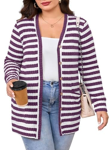 AusLook Plus Size Women Long Sleeve Cardigan 4X Dark Purple HLT Open Front Button Down Lightweight Casual Sweater Cover Ups Shrugs Shawls and Wraps Kimono Jacket Coat with Pockets - Image 1