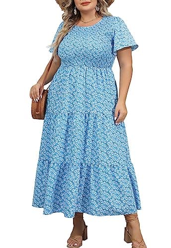 Younrui Women's Plus Size Summer Swing Bohemian Dresses with Pockets Scoop Neck Short Sleeve Flowy Flutter Dresses(3XL-1004-Blue Daisy) - Image 1