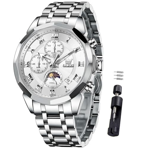 OLEVS Watch Men Luxury Sliver Stainless Steel Dress Waterproof Wrist Watches for Men Classic Analog Quartz Moon Phase Chronograph Battery Luminous Men Watch Relojes De Hombre - Image 1