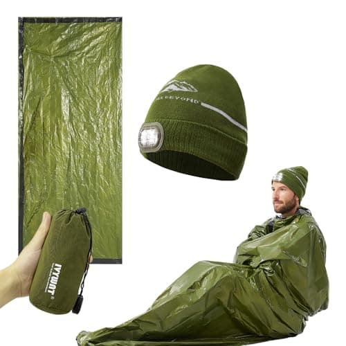 IVYWNT Emergency Sleeping Bag & LED Beanie Hat Set, Waterproof Thermal Mylar Bivy Sack, Portable Survival Gear for Hiking, Camping, Bug-Out Bags & Emergency Kits, Green - Image 1