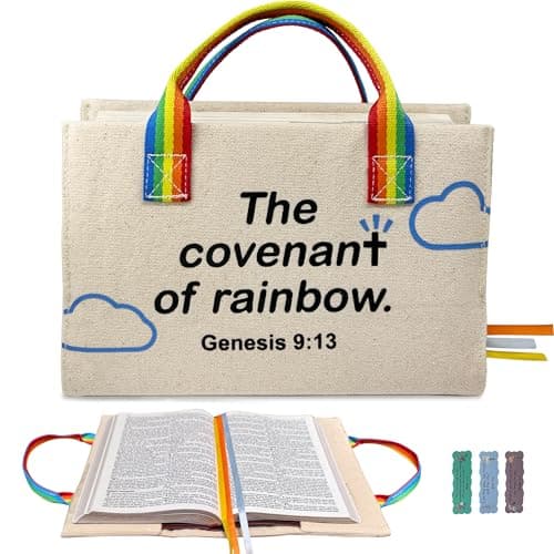 Bible Cover for Women, Zipper-Free Canvas Bible Case with Handle, Lay-Flat Design, Protective Lining, Exterior Pockets & Ribbon Bookmarks, Christian Gift for Women (2 Sizes) (Natural-Rainbow, Small) - Image 1