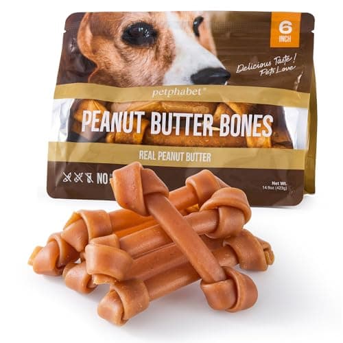 PETPHABET Dog Treats Peanut Butter Bones, 6 inch Rawhide Free Chews 6 Count, Digestible Chewing Snacks for Medium Large Dogs, Natural Healthy Snacks for Training Rewards, 15 oz