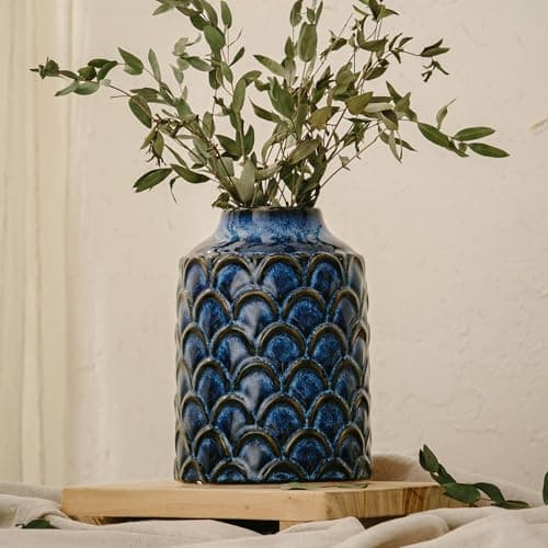 7.28” Blue Ceramic Flower Vase, Rustic Farmhouse Decorative Vase for Home Decor, Centerpiece, Living Room, Bedroom, Kitchen, Entryway & Mantel - Image 1
