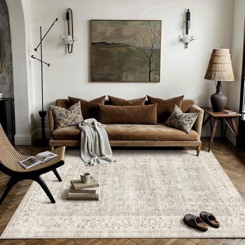 HUGEAR 5x7 Area Rugs Machine Washable Retro Grey Living Room Bedroom Rug Distressed Vintage Neutral Stain Resistant Non Slip Low Pile Throw Carpet for Home Aesthetic Decor - Image 1