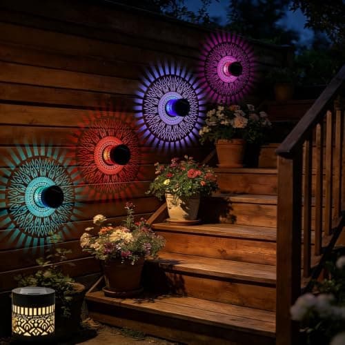 Life Wheel Solar Projection Lights Outdoor, New Version Solar Mandala Lights, 6 Color Changing Waterproof Metal Fence Lights for Yard, Wall, Garden, Patio, Backyard Decoration, Multicolor, 1 Pack - Image 1