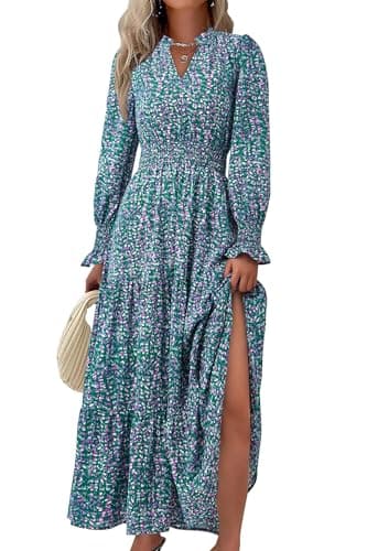 PRETTYGARDEN Women's Floral Maxi Dress 2026 Fall Long Sleeve V Neck A Line Long Flowy Spring Party Boho Dresses (Floral Purple Green,Medium) - Image 1