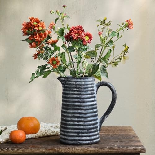 Quoowiit Ceramic Rustic Vase with Handle, Black Distressed Decorative Farmhouse Pitcher Vase for Home Decor Living Room Bedroom Kitchen Office Shelf Decor Centerpiece Table Decoration - Image 1