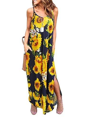 HUSKARY Women's Summer Casual Sleeveless V Neck Strappy Split Loose Dress Beach Cover Up Long Cami Maxi Dresses with Pocket Sunflower - Image 1