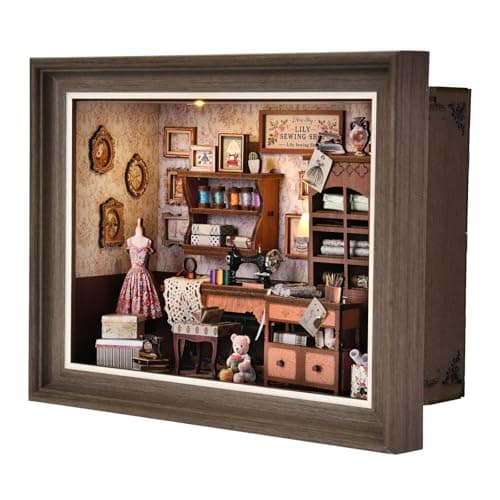 Book Nook Kit - 3D Wooden Puzzle with LED Switch Control & Wall-Mountable Frame,DIY Miniature House for Beginners,Bookshelf/Tabletop/Wall Decor for Craft Lovers,Dollhouse Gift (Lily Sewing Shop)