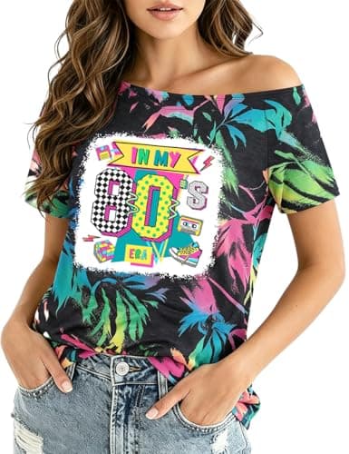 80s Outfit for Women 80's Theme Party Shirt Sexy Off The Shoulder 90S Tshirts Vintage 90s Disco Off Shoulder Tops