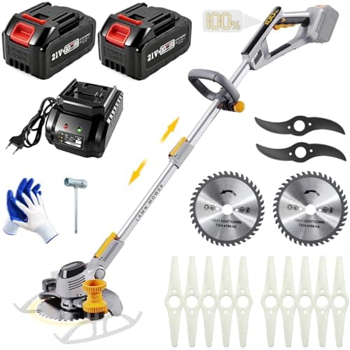 6000mAh Electric Weed Wacker Cordless, 21V Battery Powered Weed Eater with 3 Types Blades, 2 in 1 Brush Cutter/Edger Tool, for Lawn, Yard and Bush Trimming, 2 Battery - Image 1