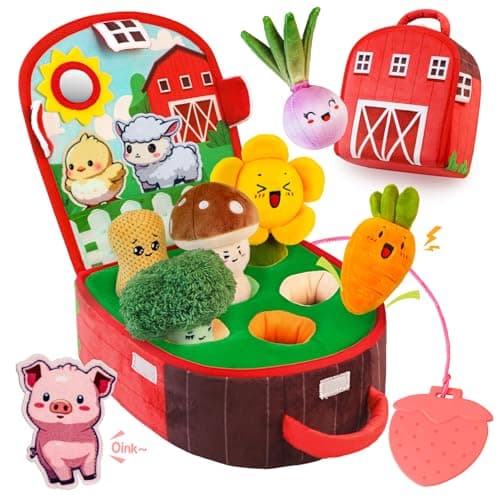 Baby Toys 6-12 Months, Farm Vegetable Garden Plush Toy with Animal Finger Puppets, 6 Month Old Montessori Sensory Toys with Rattles, Squeaker, Textures, Teether, Birthday Boy Girl Gifts - Image 1