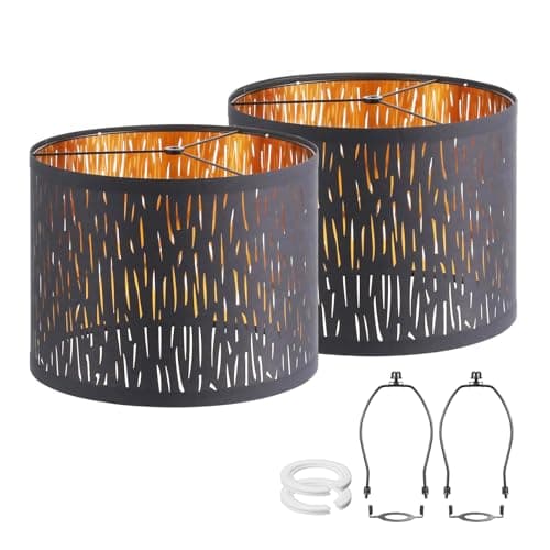Black Lamp Shades For Table Lamps Set of 2, 13" Top x 13" Bottom x 10" High, Industrial Etching Vertical Stripe Medium Drum Shade, Replacement Living Room Floor Shades - Image 1