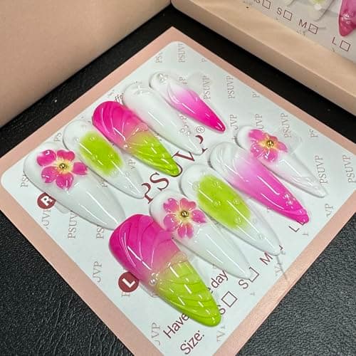10 pcs Handmade Press on Nails, 3D White, green, Magenta + Magenta flowers Fake Nails,The effect is just like a salon manicure French Reusable Full Cover, Salon Grade Manicure stiletto Size M