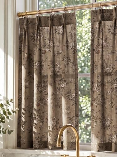 NICETOWN Pinch Pleated Cafe Curtains 36 inch Length, Khaki Floral Print - Image 1