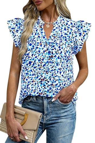 CFLONGE Floral Summer Tops for Women 2026 V Neck Ruffle Short Sleeve Boho Shirts Dressy Work Blouses Business Casual Outfits(White Blue Flower,Medium) - Image 1