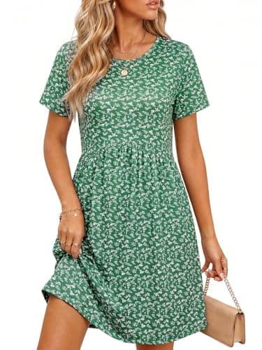 Wenrine Summer Dresses for Women 2026 T Shirt Casual Crew Neck Dresses Short Sleeve Loose Beach Mini Dress with Pockets A-Light Green - Image 1