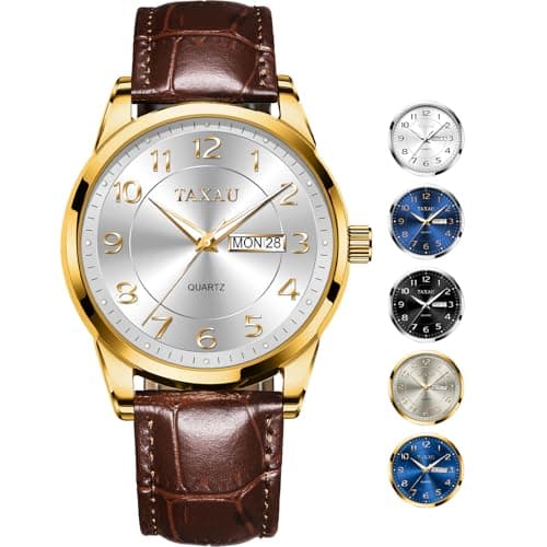 Taxau Mens Watches Brown Leather Watch Men Dress Watch Analog Vintage Casual Watch for Large Wrist Date Day Waterproof Wrist Watches for Men Gold-White Two Tone Luminous reloj para Hombre - Image 1