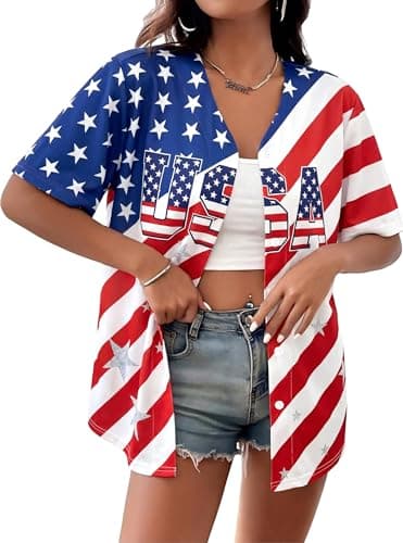 4th of July USA Jerseys for Women American Flag Patriotic Shirts 250th Anniversary Button Down Baseball Tee Top - Image 1