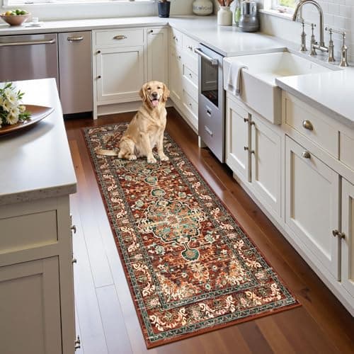 U'Artlines 2' x 5' Boho Hallway Runner Rug, Non Slip Washable Vintage Farmhouse Accent Area Rug Carpet for Kitchen Entryway Laundry and Living Room (Rust&Teal) - Image 1