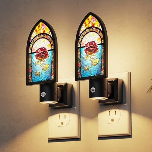 L LOHAS LED Night Lights Plug into Wall, Gothic Night Light with Light Sensor, 3000K Soft White, 0-100LM Adjustable Brightness, Acrylic Rose Nightlight for Bathroom Bedroom Hallway, 2 Pack - Image 1